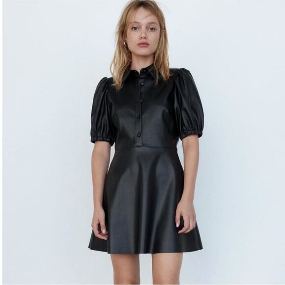 NWT ZARA Bloggers WOMAN FAUX LEATHER MINI DRESS PUFF SLEEVES Size S - Picture 1 of 14